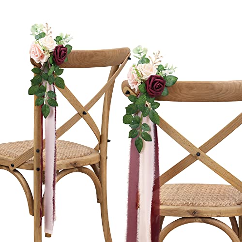 DreamBuilt Wedding Chair Decorations Pew Flowers for Wedding Ceremony Party Aisle Decor with Artificial Flowers Eucalyptus and Ribbons Burgundy Set of 10
