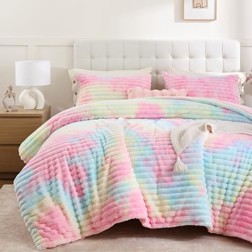Smoofy Fluffy Twin Comforter Sets 2 Pieces - Rainbow Fleece Fluffy Comforter Set, Luxury Fuzzy Twin Bedding Set, Soft Warm Comforter All Season, Heavy Faux Fur Comforter with Pillow Cases