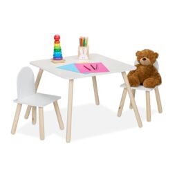 Relaxdays Kids Table & 2 Chairs Set, 3-Piece, Playroom Furniture, Children's Room Seating, Boys & Girls, White/Natural