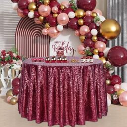 B-COOL Sequin Tablecloth Birthday Party Decor: 120 Inch Round Table Cloth Glitter Fabric Overlay for Indoor Outdoor Dining Parties Home Valentines Christmas Burgundy