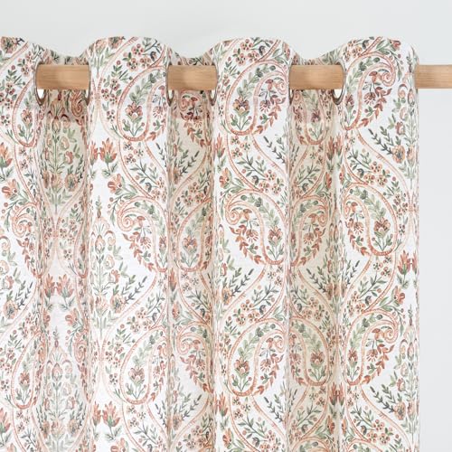 BGment Terracotta Boho Curtains for Living Room - Linen Leaf Paisley Pattern Light Filtering Farmhouse Window Grommet Semi Sheer Drapes, 2 Panels, 52 x 72 Inch