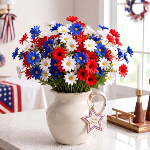 Hoteam 24 Pcs 4th of July Artificial Flowers Red Blue White Daisy Patriotic Decoration 250th Anniversary Faux Silk Daisy for Independence Day Table Centerpieces Home Outdoor Indoor