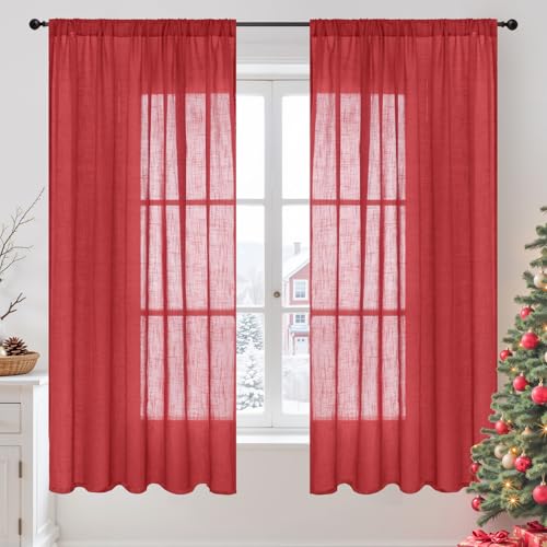 BGment Red Linen Curtains 63 Inches Long for Living Room, Window Drapes Rustic Country Textured for Farmhouse Beroom Dining Room Decor Rod Pocket Lightweight, 2 Panels Set, Each 52 Inch Wide
