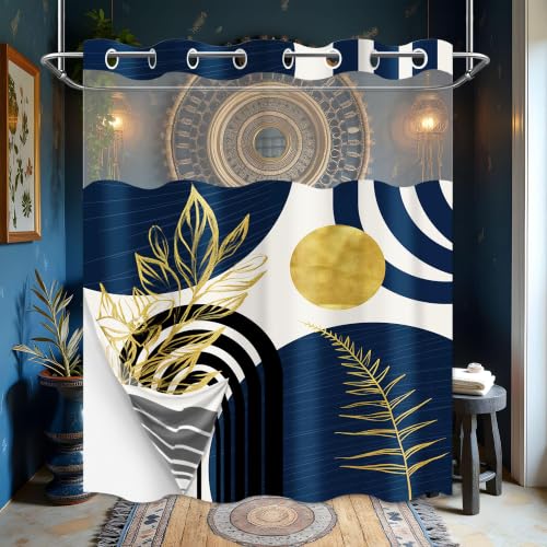"Yieldeer Boho Mid Century Modern Hookless Shower Curtain with Snap in Liner, Navy Blue and Gold No Hook Double Layer Shower Curtains and Liner Set, Waterproof Cloth Fabric, 60"" W X 74"" L"