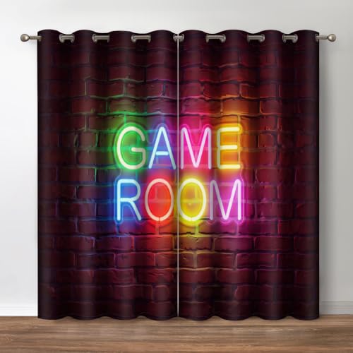 Jekeno Game Room Blackout Curtains - Video Gaming Theme Red Brick Wall Pattern Print Decor Playroom Home Apartment Bedroom Living Room Darkening Grommet Window Drapes2 Panels Set,42x63 Inch