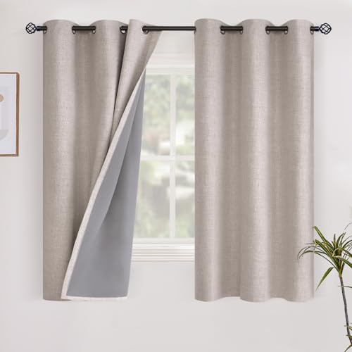 YoungsTex Linen Short Blackout Curtains 40 Inch Length for Bedroom Window - Grommet Thermal Insulated Black Out Drapes Privacy for Kithchen Bathroom Windows, Beige, 2 Panels, 42 X 40 Inch