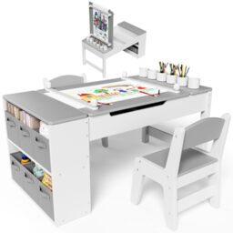 Clevich Kids Table and Chair Sets, Wooden Children Painting Table with 2 Chairs, 6 Storage Boxes, Paper Roll, Toddler DrawingTable and Chairs Set for Crafting, Writing and Learning