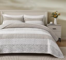 Chezmoi Collection Robyn 2-Piece Neutral Taupe Gray White Floral Hibiscus Flower Patchwork Striped Quilt Set - Pre-Washed Cotton Coverlet - Lightweight Reversible Bedspread, Twin Size