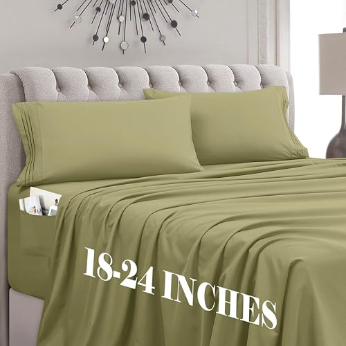 Mocassi Twin Size 4-Piece Bed Sheet Set - 1800 Premium Hotel Quality Microfiber 18-24 Inches Extra Deep Pocket Fitted Sheet- Luxury Soft, Breathable, Wrinkle, and Fade Resistant, Sage Green