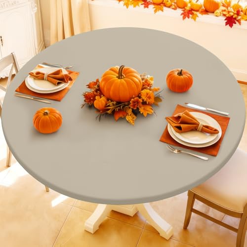 "Moosfor Spandex Round Tablecloth, Fitted Table Cloth for 25""-30"" Tables - Elastic Outdoor Picnic Table Cover, Circle Stretch Waterproof Table cloths for Patio, Dining, Kitchen, Taupe"
