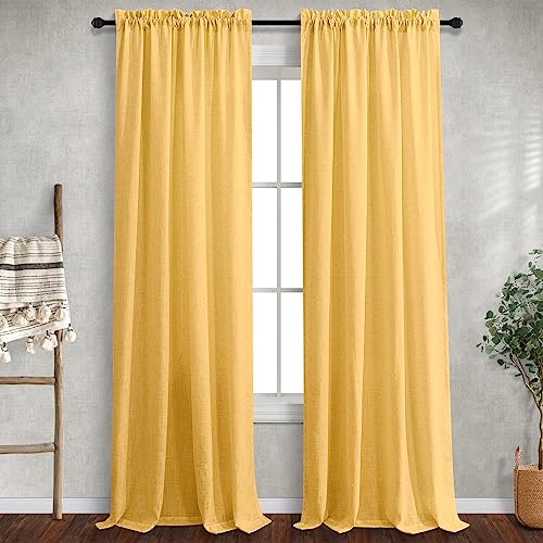 Golden Yellow Linen Curtains 108 Inch Long Living Room 2 Panels Rod Pocket Light Filtering Curtains Marigold Semi Transparent Yellow Gold for Nursery Sliding Door Patio 108 Inch Tall