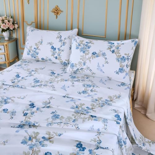 Brandream Floral Birds Bed Sheet Set Twin Size Luxury Chinoiserie Blossom Bedding Collections 800 Thread Count 100% Egyptian Cotton Deep Pocket, 4 Piece White Blue Botanical Branches Flower Print