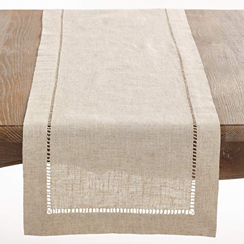 "SARO LIFESTYLE 731.N1672B Toscana Collection Linen Blend Hemstitched Runner, Natural, 16""x72"""