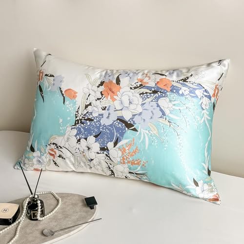 "100% Pure Mulberry Silk Pillowcase Queen Size for Hair and Skin,Real Silk Pillow Cases with Zipper,Soft and Cooling,Both Sides Natural Slip Silk,Floral Print,1pc(20""x30"",Pattern2)"