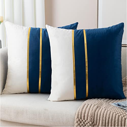 ZLINA Set of 2 Velvet Decorative Throw Pillow Covers Navy Blue White Patchwork with Gold Leather Pillow Covers 24 ?? 24 Inch Cushion Covers Decor Living Room Sofa Bedroom Car