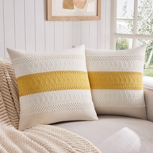 ZeeMart 2 Pack Boho Throw Pillow Covers, Contrast Mustard 20x20in - Soft Breathable Cotton, Farmhouse Decorative Couch Pillow Cases, Cushion Covers for Sofa Bed Living Room Home Decor