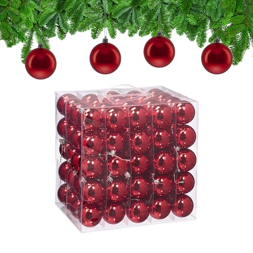 Relaxdays Christmas Baubles, Set of 100, Festive Tree Ornaments, D: 6 cm, Holiday Decorations, Plastic, Shiny, Red