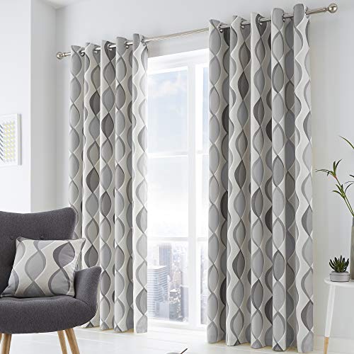 Fusion Lennox 100% Cotton Eyelet Lined Curtains, Grey/Grey, 46 x 54 Inch