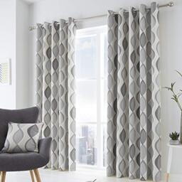 Fusion Lennox 100% Cotton Eyelet Lined Curtains, Grey/Grey, 46 x 54 Inch