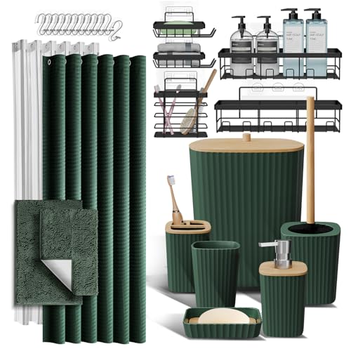 Shower Caddy and Bathroom Accessories Set with Bath Rugs 27PC Bathroom Accessory Set with Shower Caddies Green Bath Rugs, Shower Curtain Set, Toilet Brush, Trash Can, Soap Dispenser, Toothbrush holder