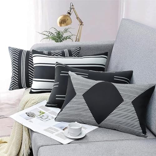 Adabana Set of 4 Outdoor Waterproof Pillow Covers 12x20 Black and White - Modern Geometric Throw Pillows Cover Decorative Boho Pillow Covers for Patio, Garden, Porch