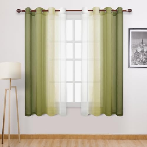 DWCN Faux Linen Ombre Sheer Drapes - Semi Voile Gradient Sheer Curtains for Bedroom and Living Room, Set of 2 Grommet Top Window Panels, 52 x 72 Inch Length, Olive Green