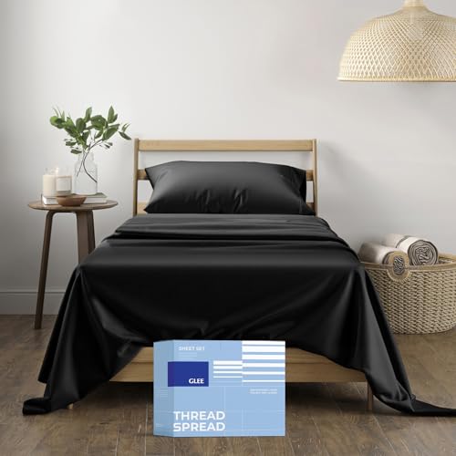 "THREAD SPREAD 100% Cotton Sheets Twin Size - 400 Thread Count Cotton Bed Sheets Twin, 3 PC Set (Black), Luxury Soft, Breathable, Cooling, Sateen Weave 16"" Deep Pocket Bedsheet for Dorm Rooms"