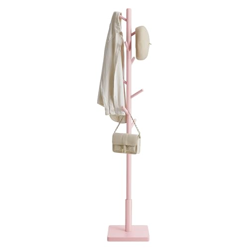 VASAGLE Coat Rack, Solid Wood Coat Stand, Free Standing Hall Coat Tree with 8 Hooks for Coats, Hats, Bags, Purses, for Entryway, Hallway, Rubberwood Hooks and Pole, Jelly Pink RCR010R01