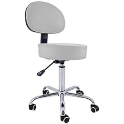 QUIRUMED Stool with Backrest, Chrome Base, 5 Wheels and Gas Lift, Silver, Metal Frame, Leatherette, High Density Filling, Adjustable Height, Up to 150 kg