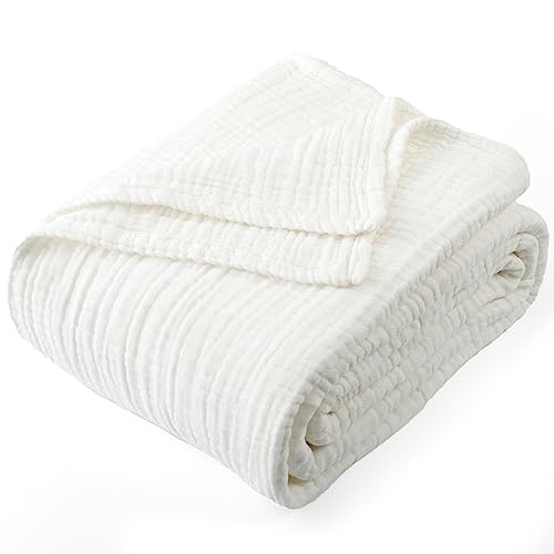 "Carriediosa 100% Cotton Muslin Throw Blanket 50"" X 70"" Throw XL Size，4-Layers Summer Gauze Throws for Bed Couch，Soft Lightweight Breathable Linen Blankets Bedspread for Adults All Season，White"