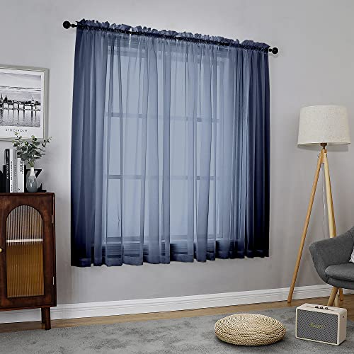 Chyhomenyc Set of 2 Short Sheer Curtains 54 Inches Long for Small Window, Living Room, Guest Room, Basement, Airy Light Filtering Curtains, W42 x L54 Inch, Navy Blue