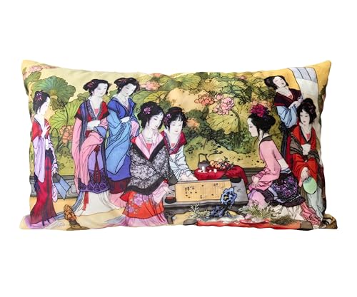 whooplaArt Japanese Garden Scene Decorative Throw Pillow Cover, Oriental Art Design, Double-Sided, 12 x 20 inch, Decoration for Sofa Couch