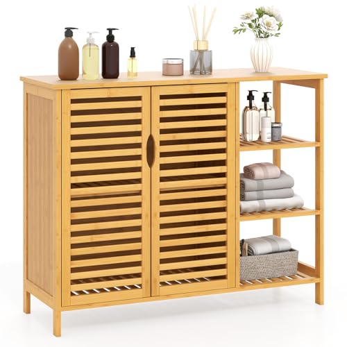 RELAX4LIFE Bathroom Floor Cabinet, Freestanding Bamboo Storage Cupboard with Double Shutter Doors and Open Shelves, Slatted Floor Sideboard Storage Organizer (Double-Door Cabinet + Side Open Shelves)