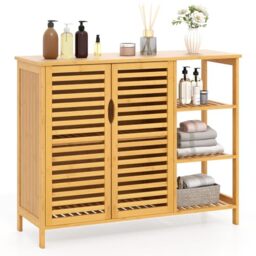 RELAX4LIFE Bathroom Floor Cabinet, Freestanding Bamboo Storage Cupboard with Double Shutter Doors and Open Shelves, Slatted Floor Sideboard Storage Organizer (Double-Door Cabinet + Side Open Shelves)