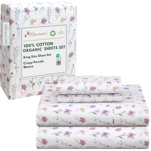 "RUVANTI 100% Organic Cotton Sheets King Size, Percale Weave, GOTS Certified, 4-Piece Set, Deep Pocket 15"", Crisp & Breathable, Soft Durable Bedding, S??banas Algod??n Org??nico ??? Obsessed Stems"
