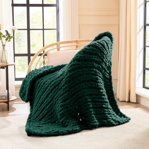 L'AGRATY Chunky Knit Blanket Throw - Soft 100% Hand-Knit Chenile Crochet Throw Blanket 40x50 Inches - Large Cable Knit Blanket for Couch - Home Decor - Olive Green