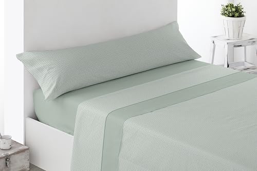Miracle Home. Vichy 4-Piece Bedding Set, Fitted Sheet, Flat Sheet and 2 Pillowcases, Anti-Peeling, 50% Cotton-50% Brushed Microfibre, Green, 150 x 200 cm, 150 cm Bed