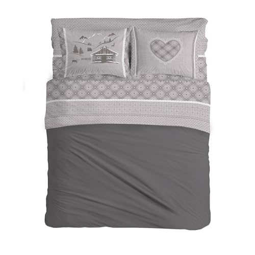 PENSIERI DELICATI Double Bed Set 100% Cotton, Complete Double Bed Sheet Set, 180 x 200 cm, Including Bottom Sheet, Top Sheet and 2 Pillowcases, Made in Italy, Beige Chalet Design