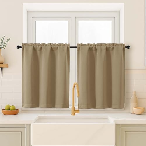 OVZME Taupe Blackout Curtains for Small Window Treatment, Light Blocking Short Kitchen Window Curtains Over Sink, Dual Rod Pocket Half Window Tiers for Bathroom Basement, 2x40Wx36L Inches