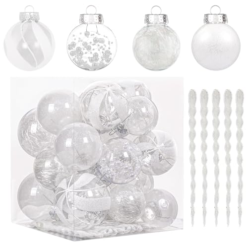 XmasExp 32ct Christmas Ball Ornaments Set -White Clear Plastic Shatterproof Xmas Tree Ball Decorations Hanging Baubles for Holiday Decor