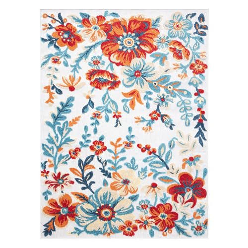 "TOWN & COUNTRY EVERYDAY Hibiscus Bloom Modern Floral Indoor Outdoor Area Rug, UV Fade Resistant, High-Low Pile, Ivory/Red/Blue, 3'11""x5'2"""