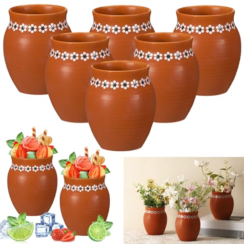 Ninehaoou 6 Pcs 16oz Cantaritos De Barro Mexicanos Terracotta Vases Sets Mexican Ceramic Vases with Flower Print Clay Margarita Glasses for Mexican Wedding Table Decorations Fiesta Centerpieces