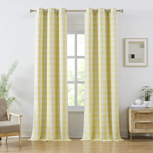 "Amzdecor Yellow White Buffalo Plaid Full Blackout Curtains 90 Inches Length - Checkered Thermal Insulated Energy Efficient Drapes,Grommet Window Treatment for Bedroom Living Room Farmhouse,2 Panels,40""W"