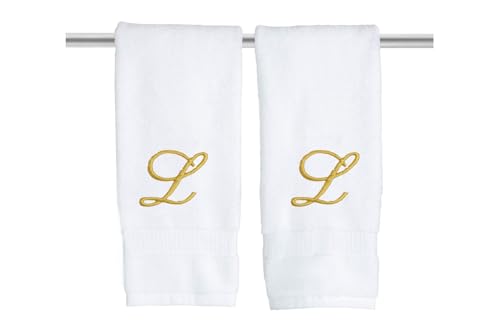 Decorvo White Monogrammed Hand Towels for Bathroom - Luxury Hotel Quality Personalized Initial Embroidered Towel for Powder Room, Spa - GOTS Organic Certified - Set of 2 Gold Letter L