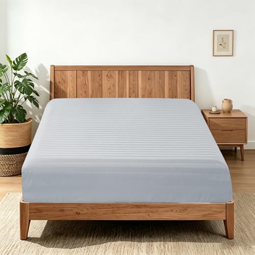 "100% Egyptian Cotton Fitted Sheet Twin Size Only - Ultra Soft 16"" Deep Pocket Bottom Sheet Only, Breathable Comfy, Hotel Quality, Snug-Fit, Striped Gray"