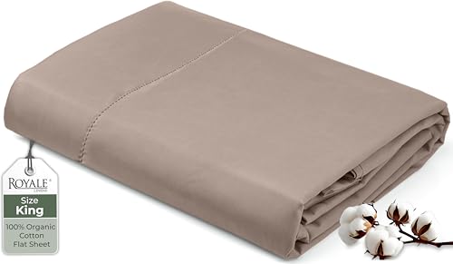 "Royale Linens 100% Organic Cotton King Flat Sheet Only - Super Soft - Percale Top Sheets - King Flat Sheet Sold Separately - Breathable, Cool & Crisp White Sheets Only (105"" x 102"", Mocha)"