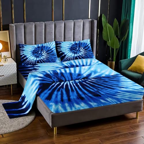 "Nttopship Blue Tie-dye 4 Pieces Bed Sheet Sets Twin Size Abstract Modern Art Bedding Sets with 16"" Deep Pockets Graffiti Bedroom Decor,Bedding Set 4 PCS(1 Fitted+1 Flat+2 Pillowcases)"