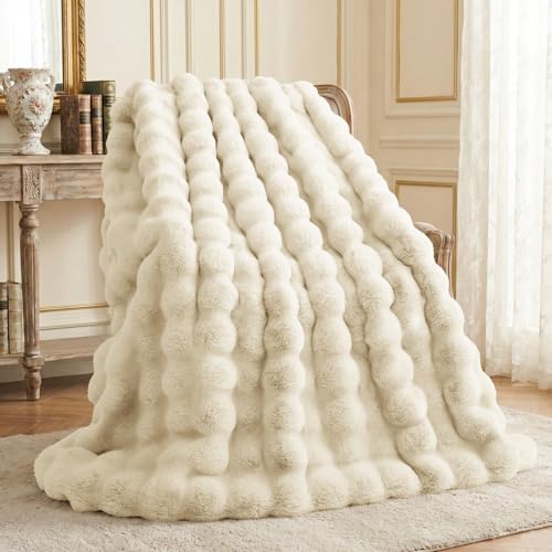 "L'AGRATY Faux Rabbit Fur Blanket: 50"" x 60"" Luxury Soft Fluffy Thick Fur Throw Blanket for Couch Bed Sofa - Cozy Plush Bubble Blankets for Winter: Warm Flannel Fleece Decorative Blanket(Almond White)"