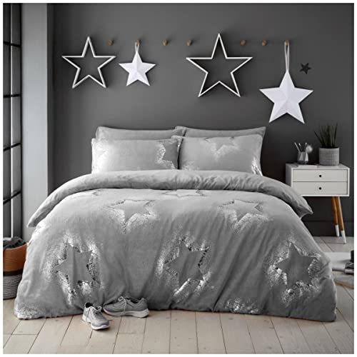 GC GAVENO CAVAILIA Luxury Teddy Sparkling Stars Duvet Set, Premium Cuddly Warm Fluffy Fur Fleece Quilt Bed Cover Set, Double, Grey