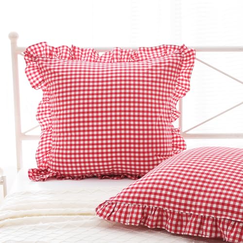K MASANIJI 2 Pack Red White Plaid Ruffle Gingham Euro Throw Pillow Covers, 100% Washed Cotton Checkered Farmhouse Decorative Pillow Shams for Bed/Sofa Zipper Closure -22''x22''